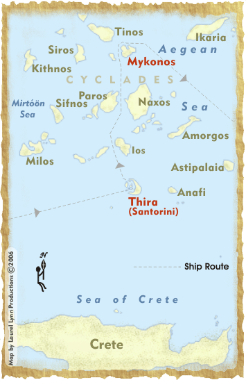 Map showing the location of Santorini and Mykonos